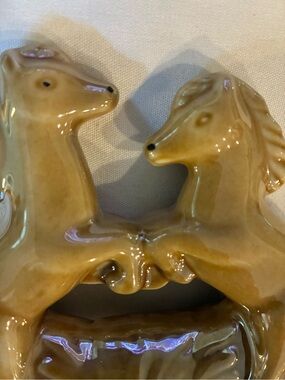 mid-century brown lusterware ceramic double-horse figurine featuring two Horses